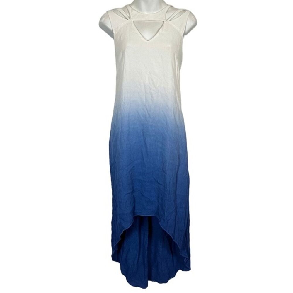 Bar III Ombre Blue White High Low Sleeveless Key Hole V-Neck Dress sz Medium